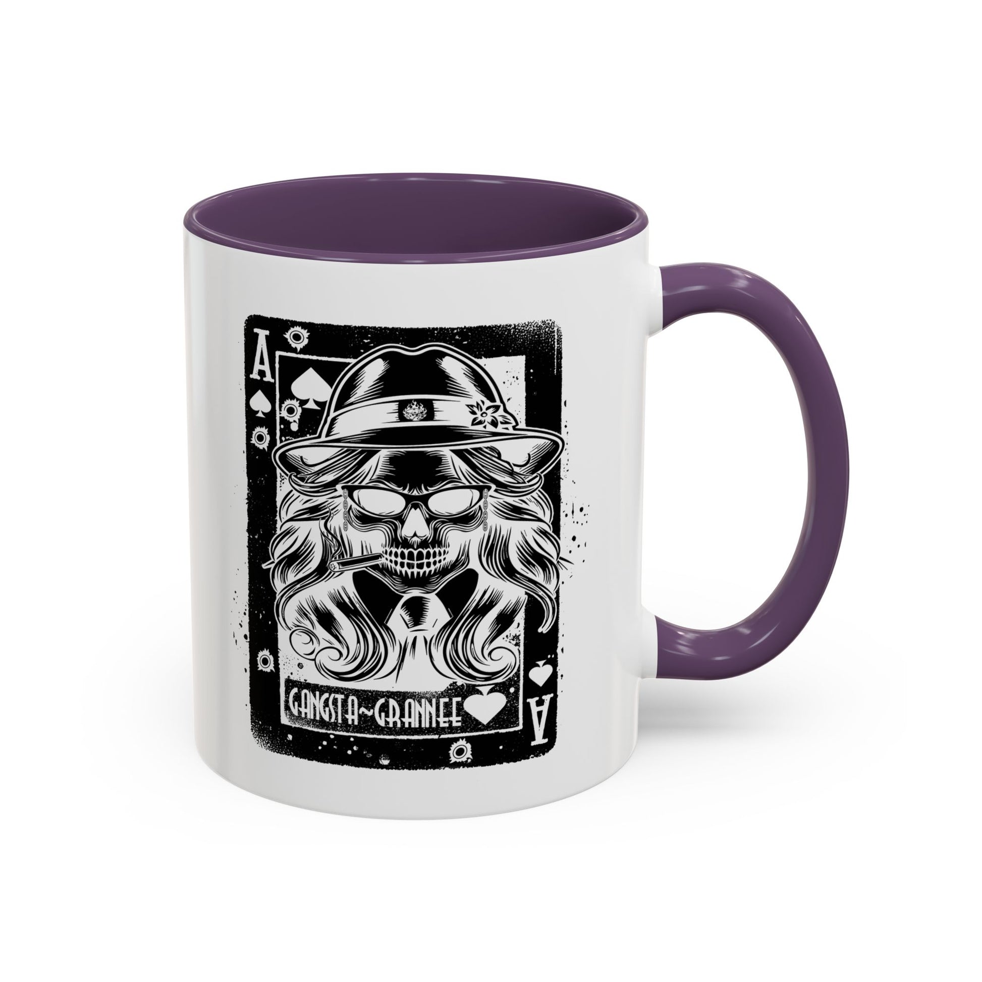 Mug with skull design and purple interior and handle on a white background