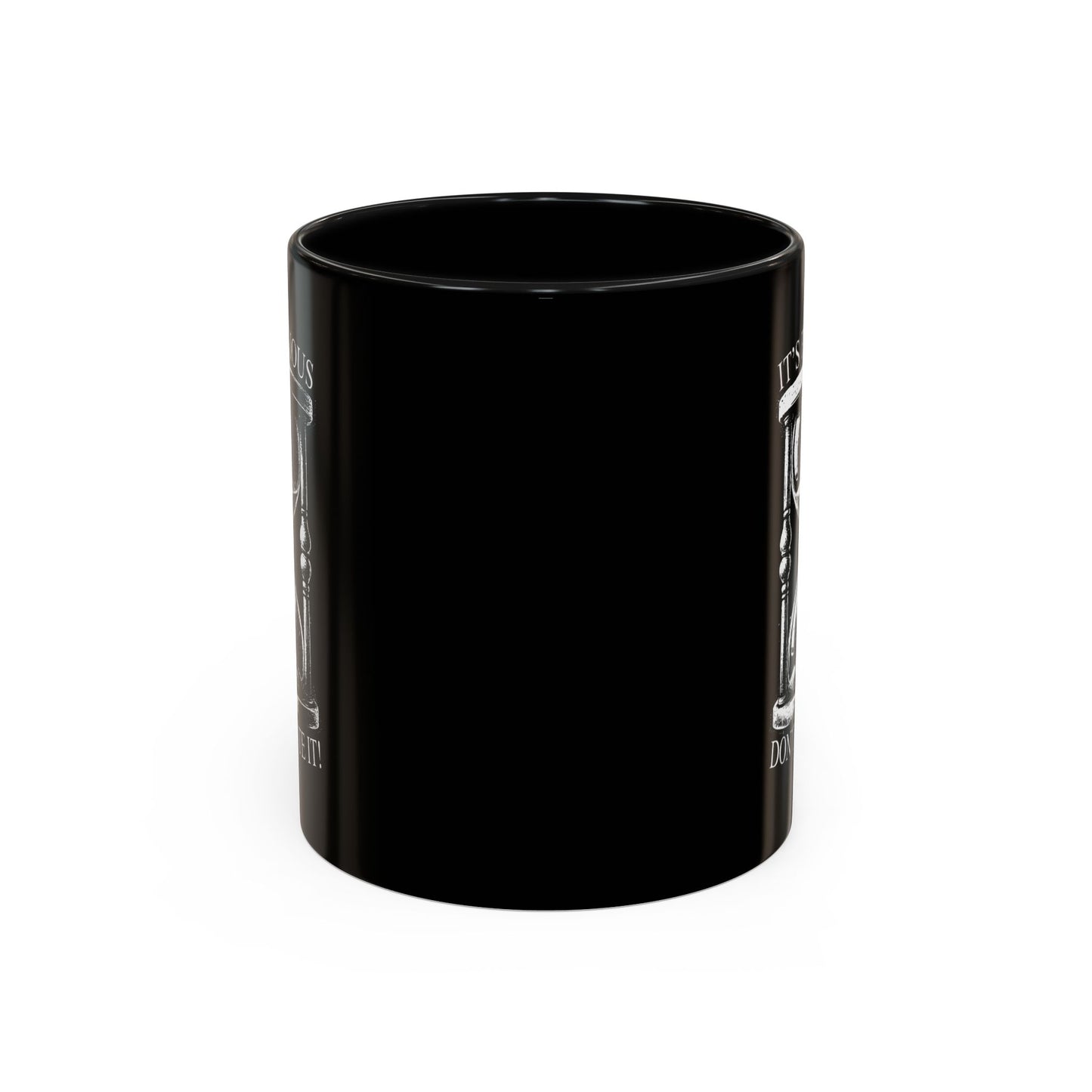 Black cylindrical container with text on a white background