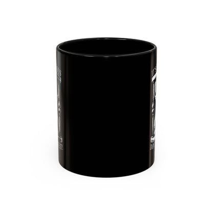 Black cylindrical container with text on a white background