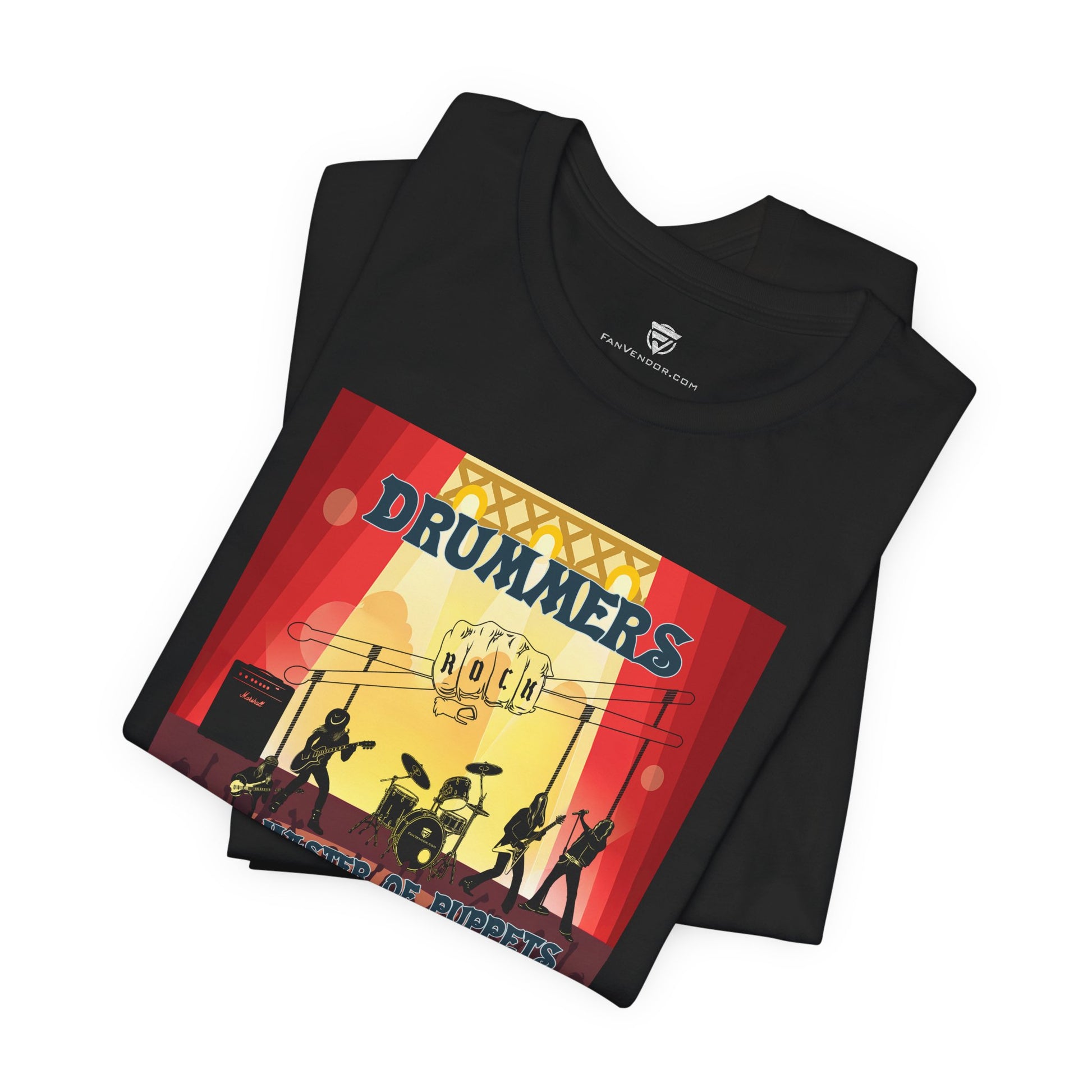 Black t-shirt with a colorful graphic design featuring silhouettes of drummers and text on a white background.