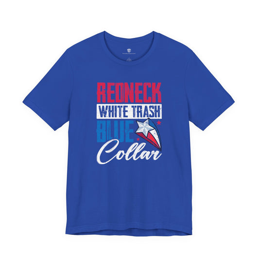 Blue t-shirt with red, white, and blue text and graphics on a white background