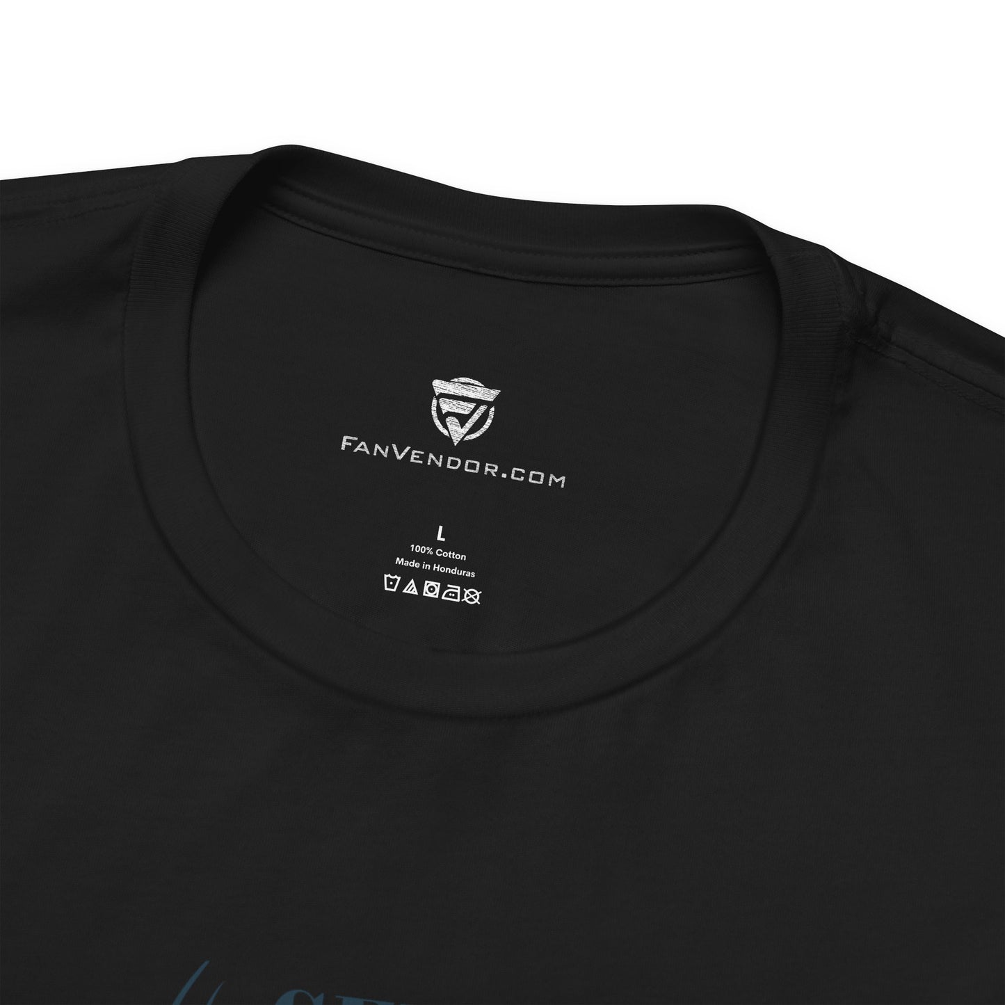 Black t-shirt with 'FanVendor.com' logo and text on a white background