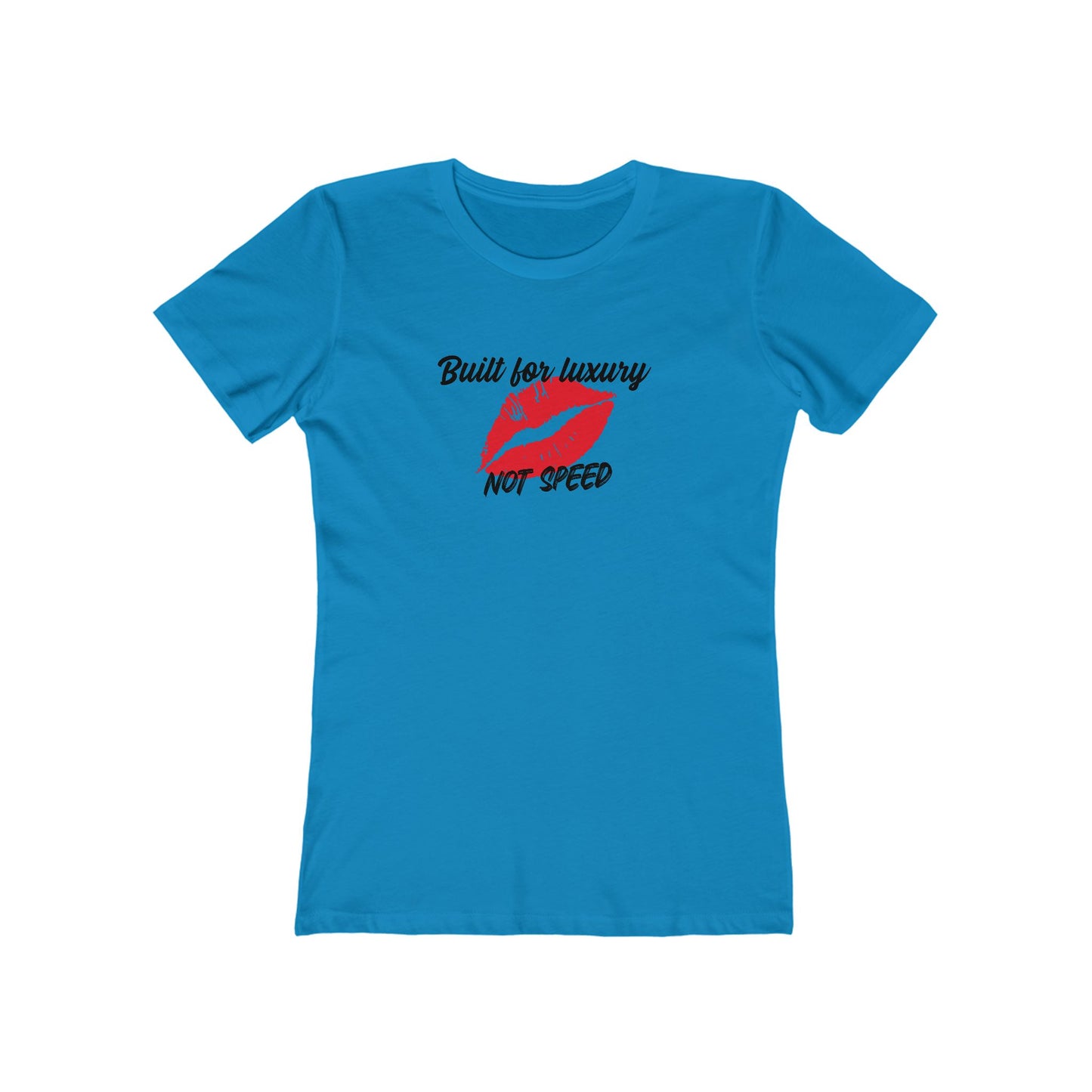 Blue t-shirt with red lips graphic and text on a white background