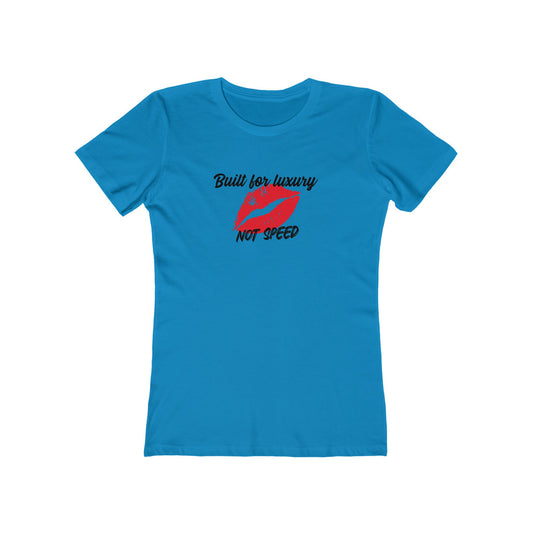 Blue t-shirt with red lips graphic and text on a white background