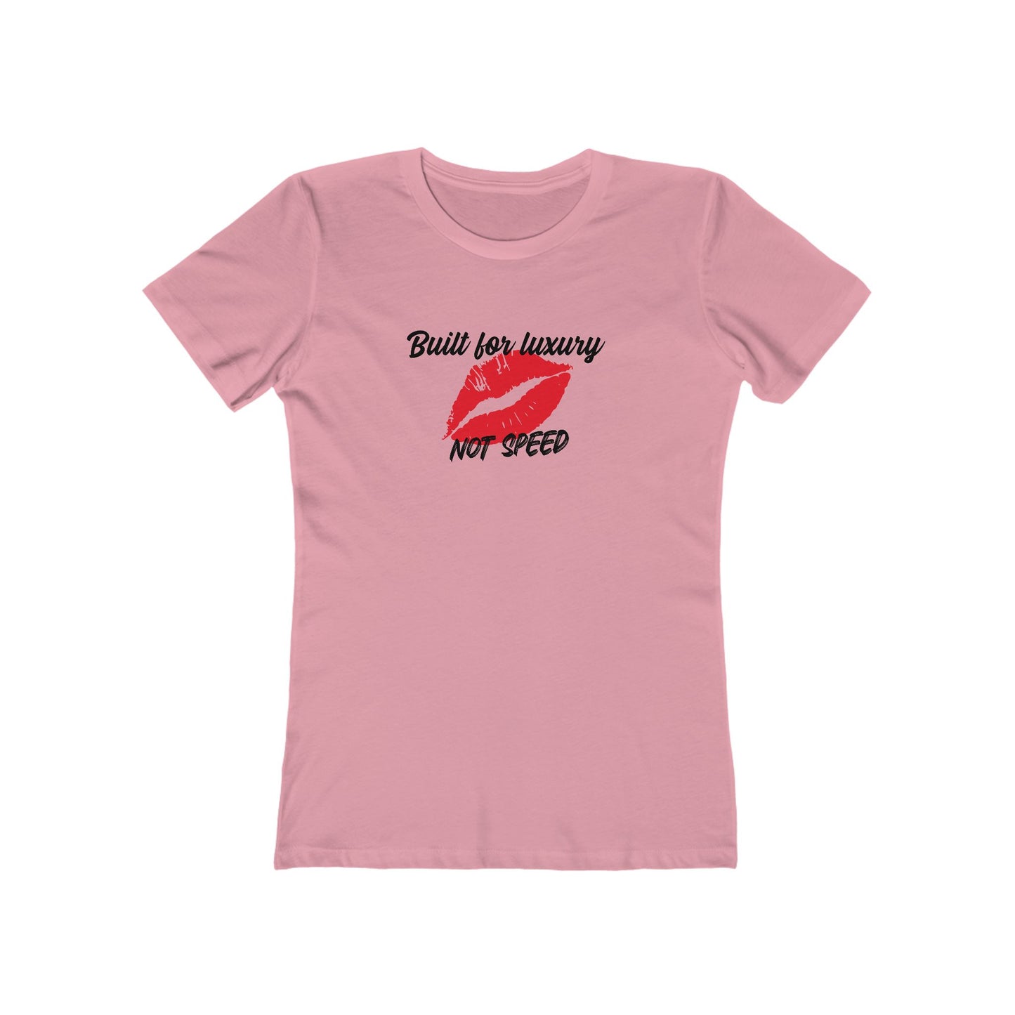 Pink t-shirt with red lips graphic and text on a white background
