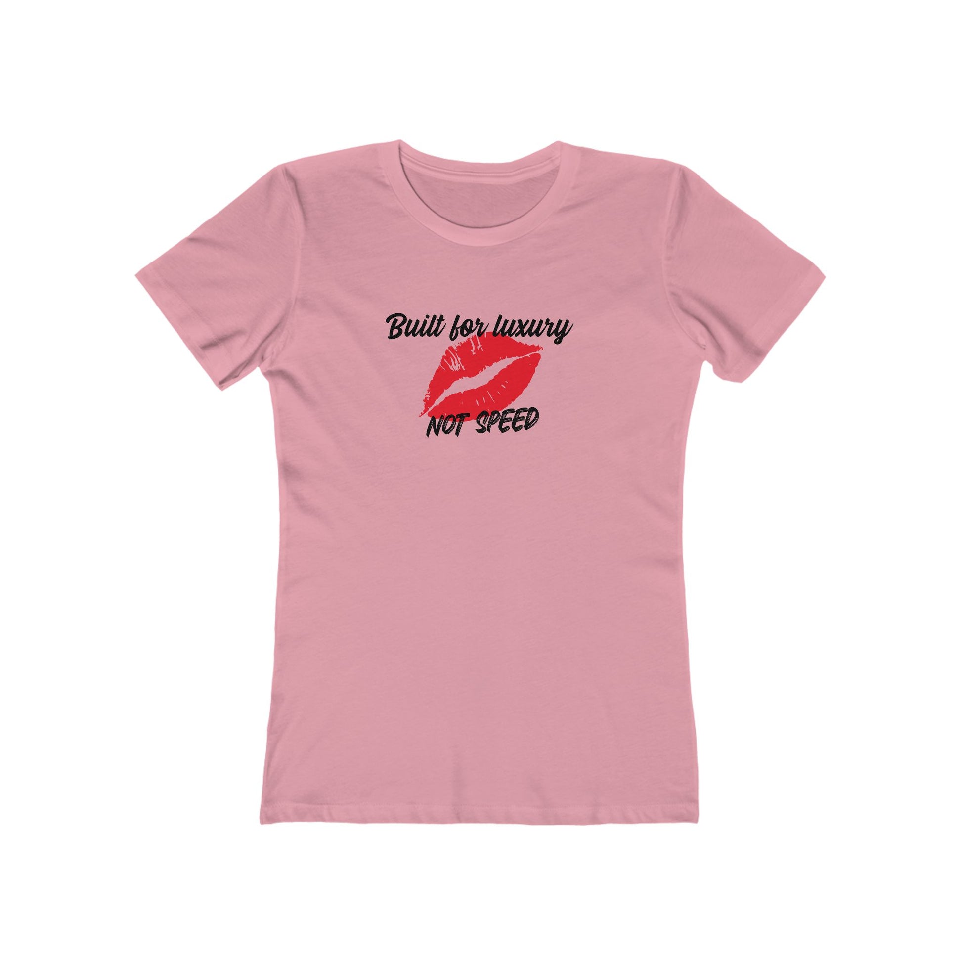 Pink t-shirt with red lips graphic and text on a white background