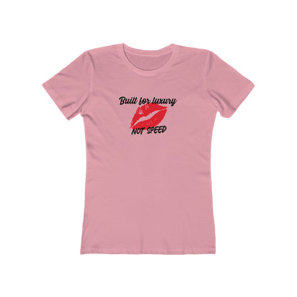 Pink t-shirt with red lips graphic and text on a white background