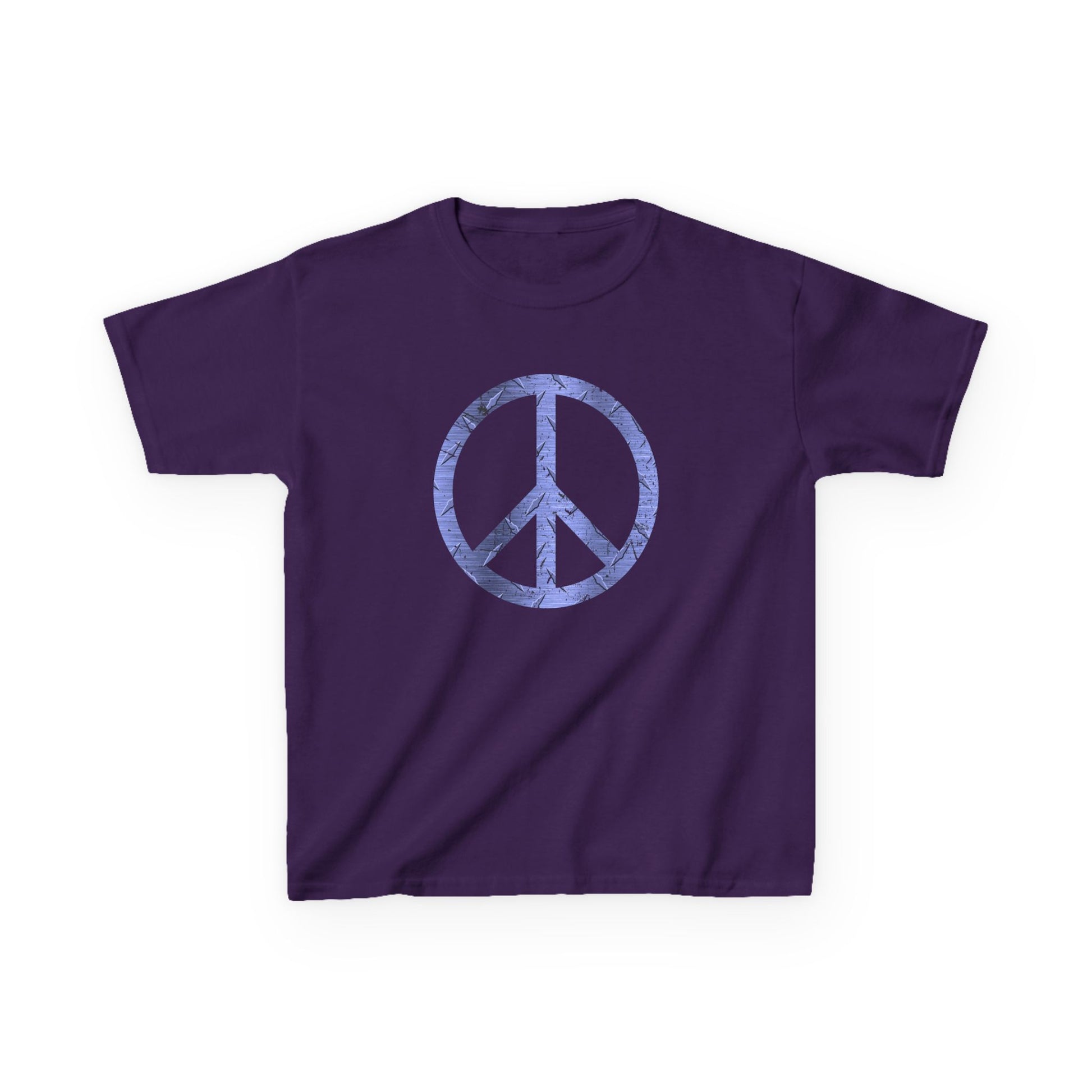 Purple t-shirt with a peace symbol design on a white background