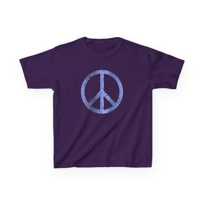 Purple t-shirt with a peace symbol design on a white background