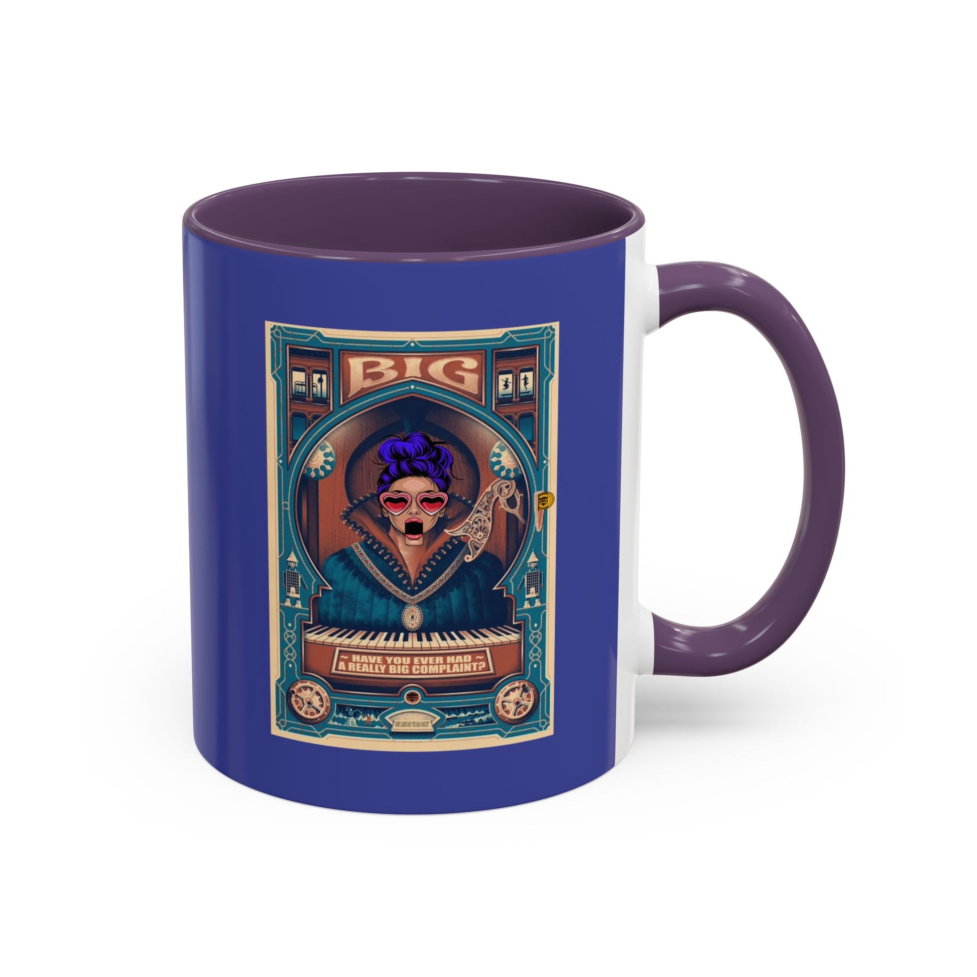 Blue mug with a colorful design featuring a face and text on a white background