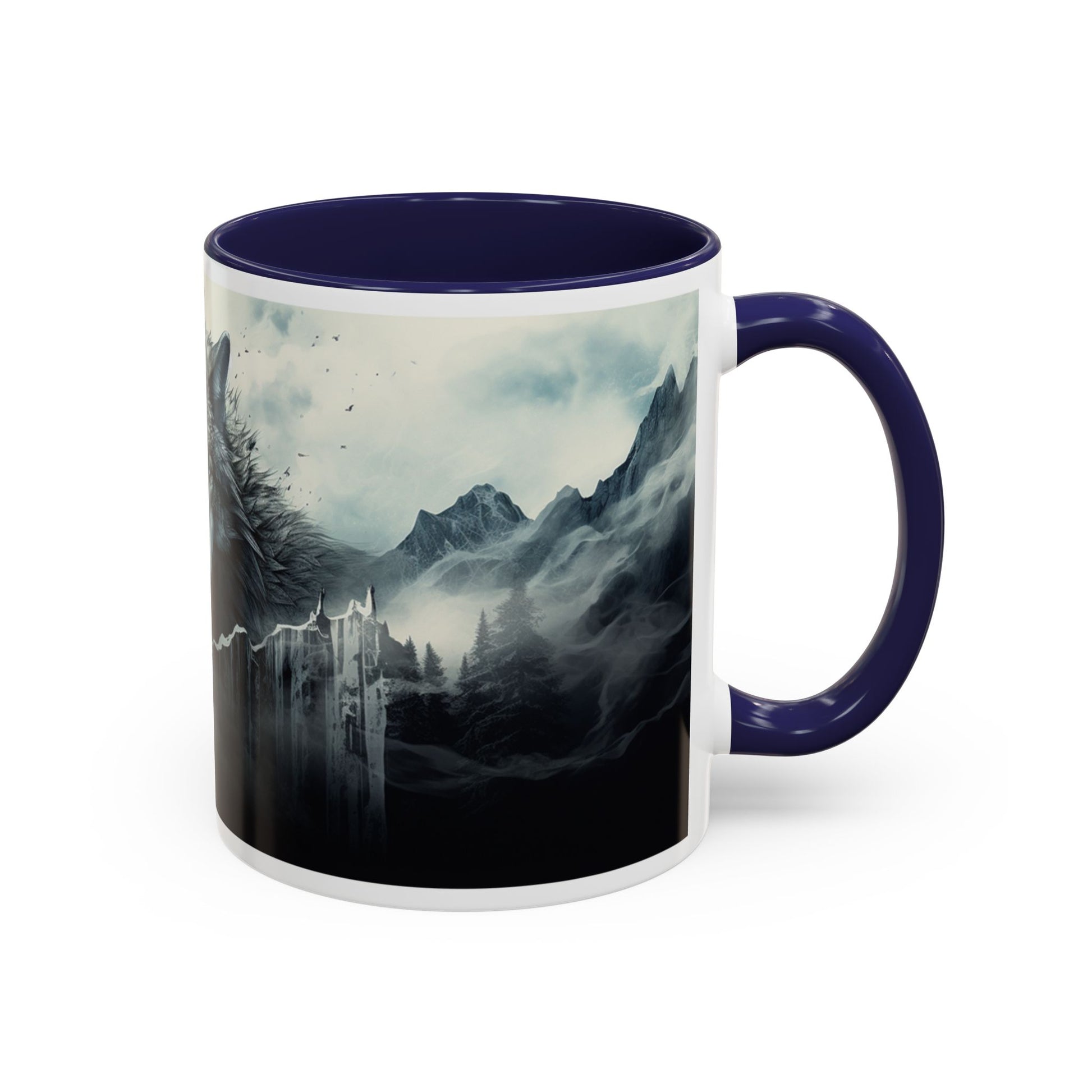Mug with a fantasy landscape design featuring mountains on a white background