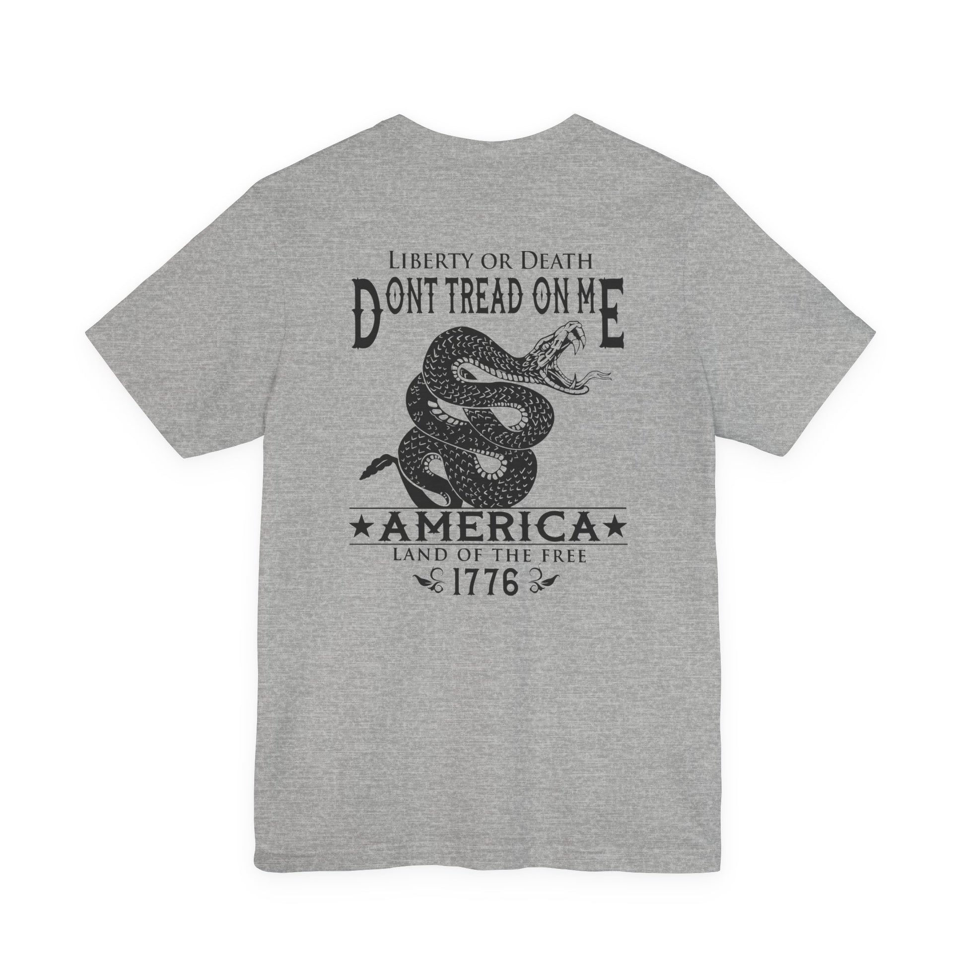 Gray t-shirt with 'Don't Tread on Me' graphic and text on a white background