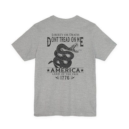 Gray t-shirt with 'Don't Tread on Me' graphic and text on a white background