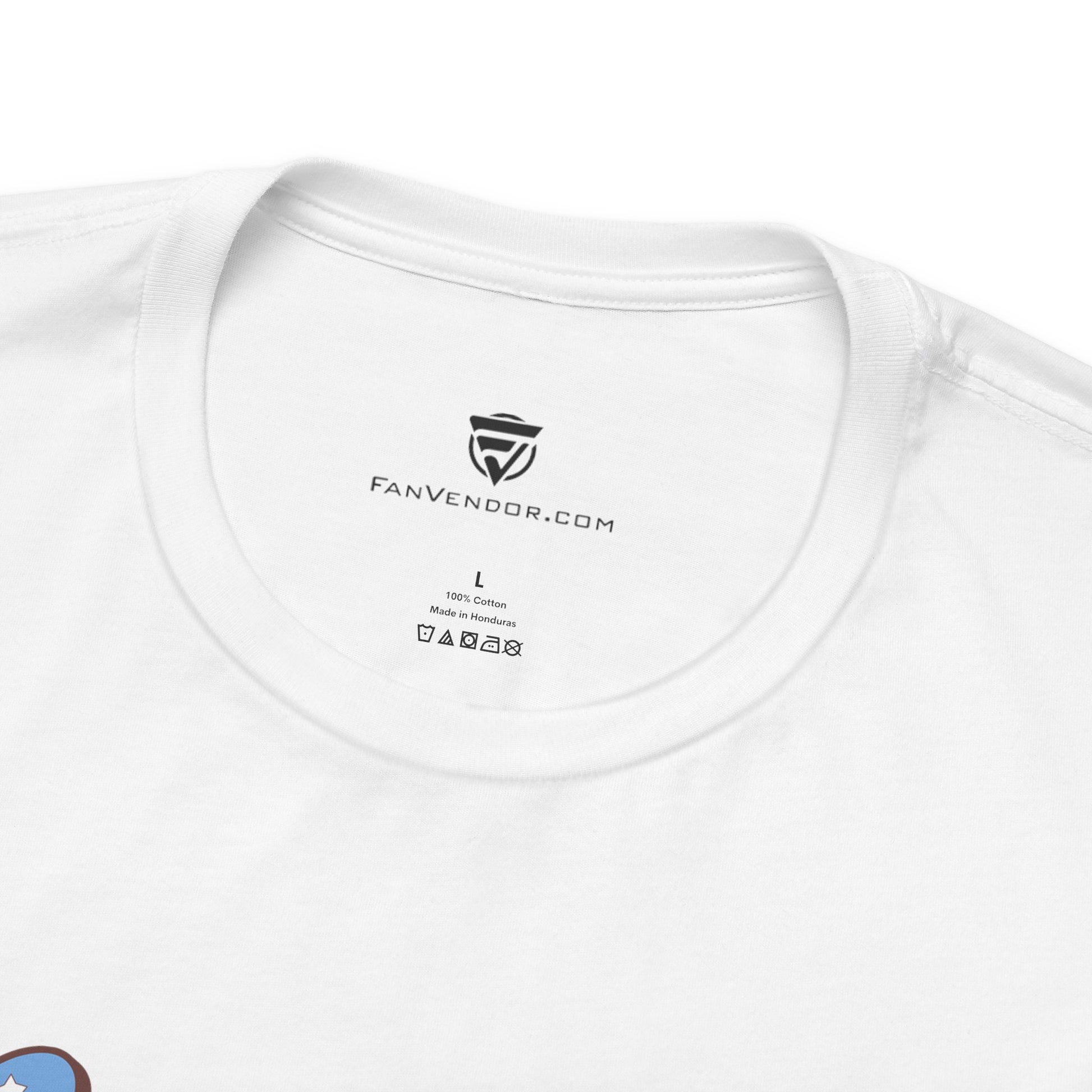 White t-shirt with 'FanVendor.com' logo and text on the collar area.