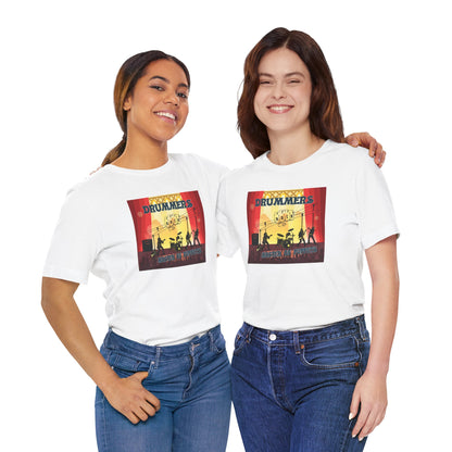 Two women wearing white t-shirts with a colorful graphic design on a white background