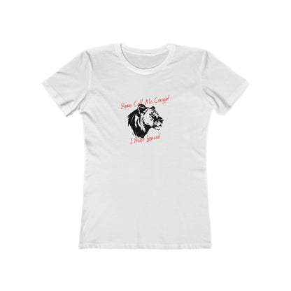 White t-shirt with a black tiger graphic and red text on a white background