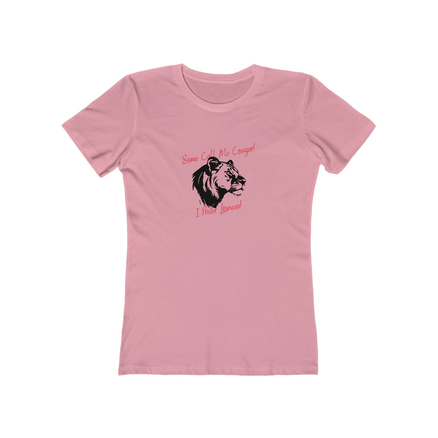 Pink t-shirt with a graphic of a lioness and text on a white background
