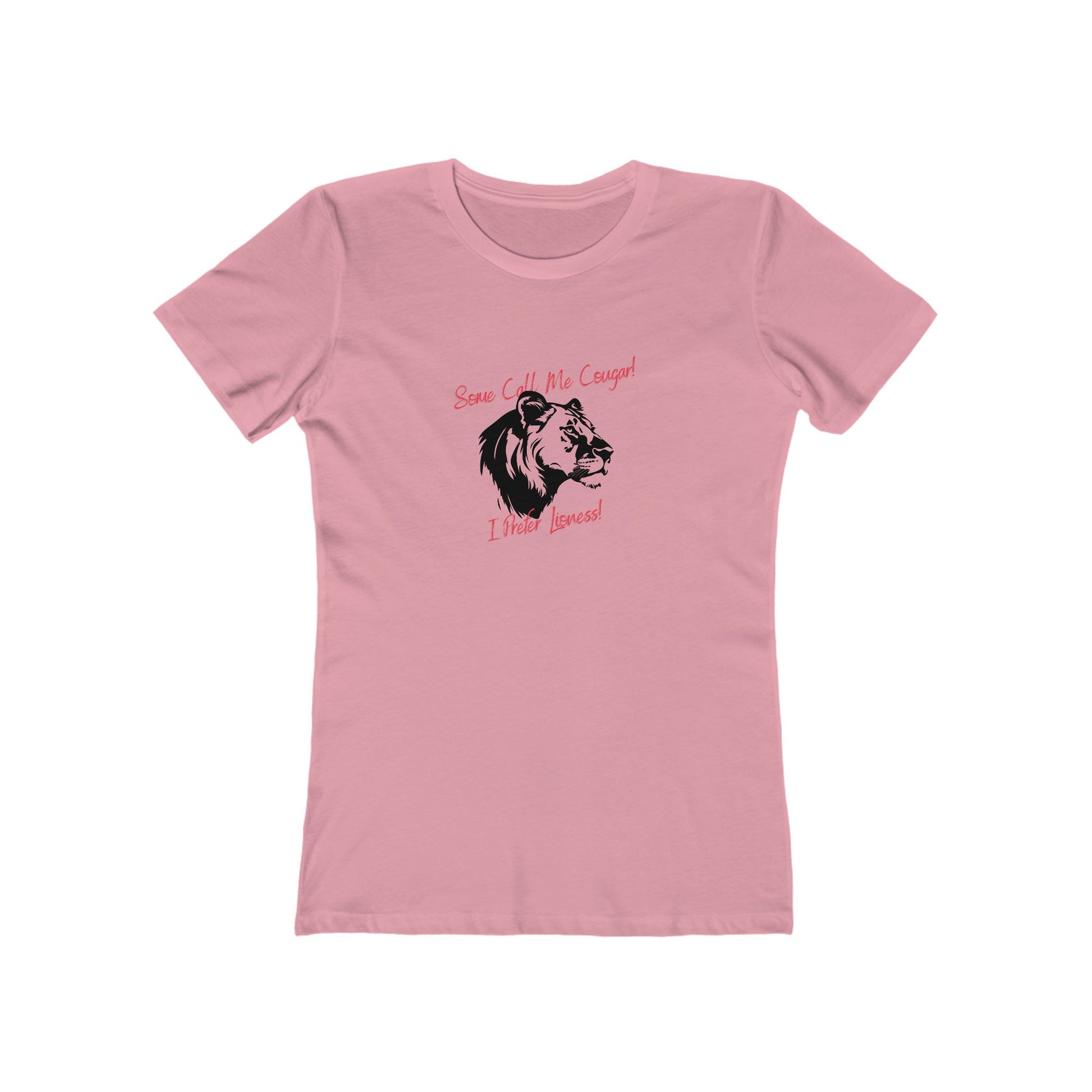 Pink t-shirt with a graphic of a lioness and text on a white background