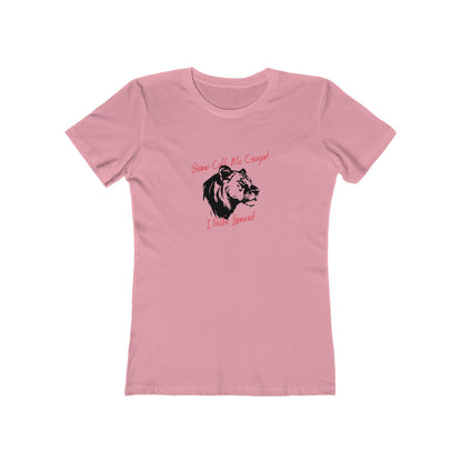 Pink t-shirt with a graphic of a lioness and text on a white background