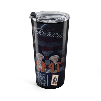Tumbler with historical figures and text on a white background