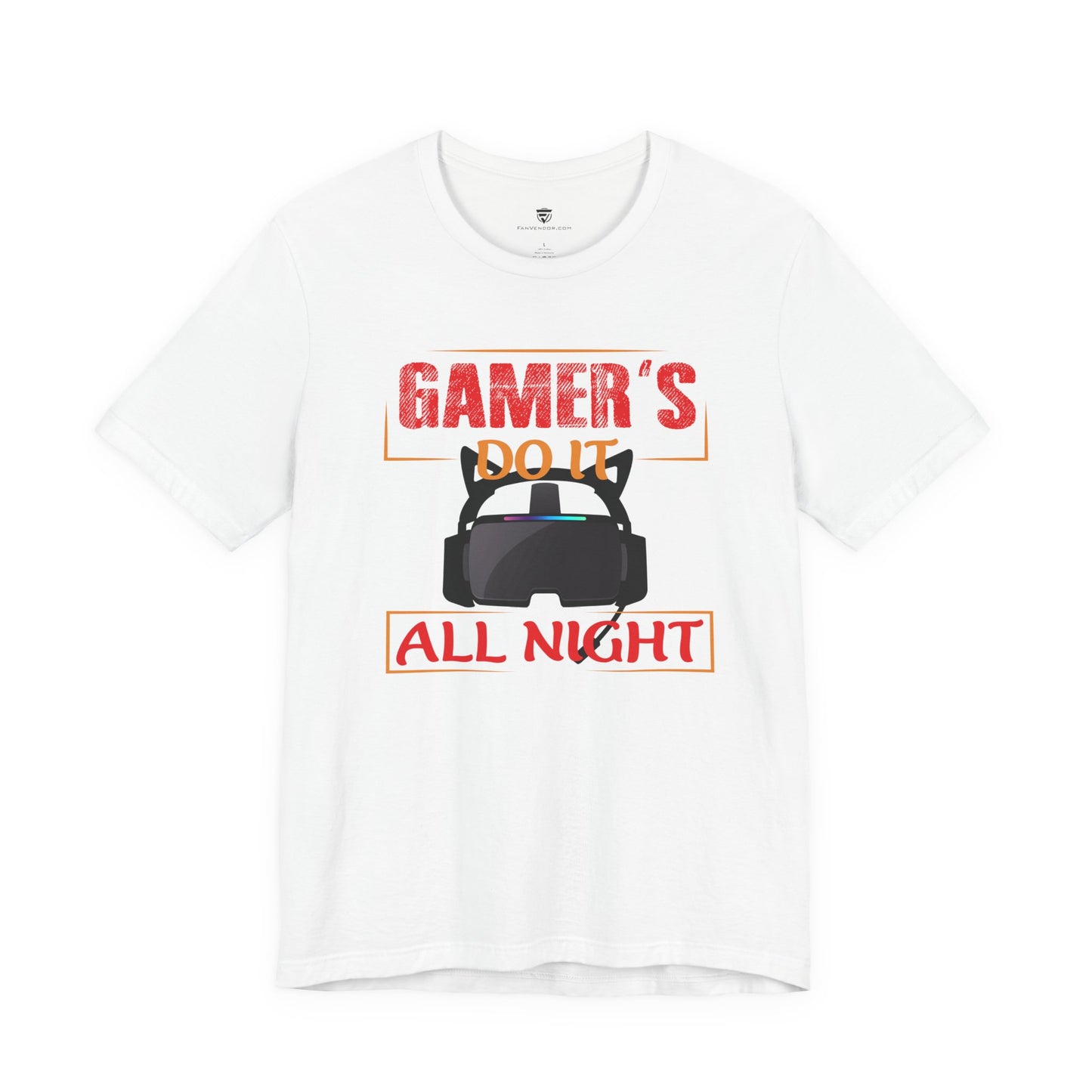 White t-shirt with a graphic design featuring text and a headset on a white background