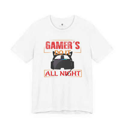 White t-shirt with a graphic design featuring text and a headset on a white background