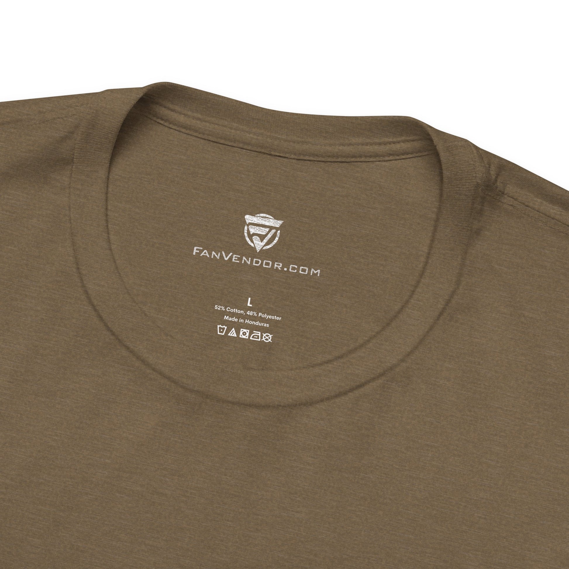 Brown t-shirt with 'Fanvendor.com' logo and text on the collar against a white background