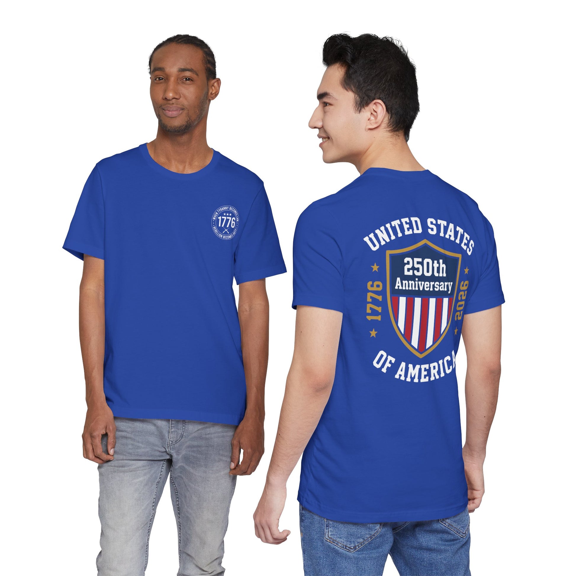 Two people wearing blue t-shirts with 'United States 250th Anniversary' design on a white background
