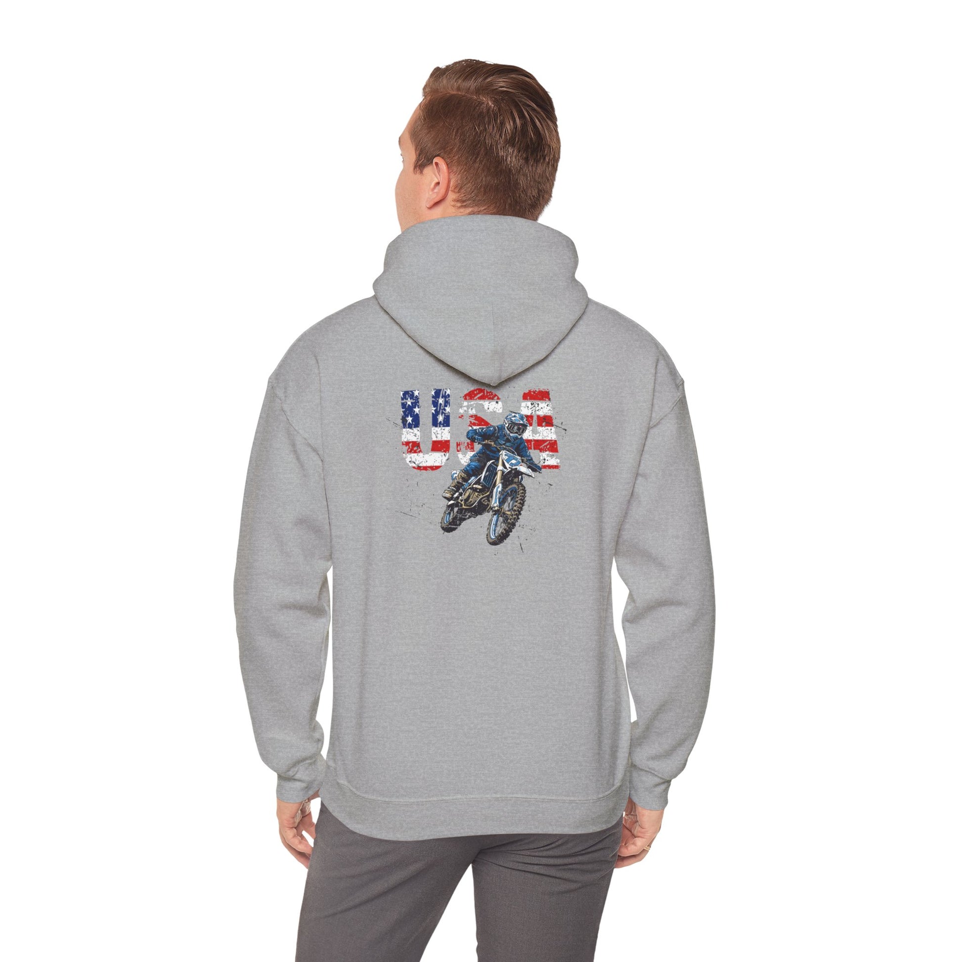 Unisex Hoodie Patriotic USA Dirt Bike Motorcycle Grey