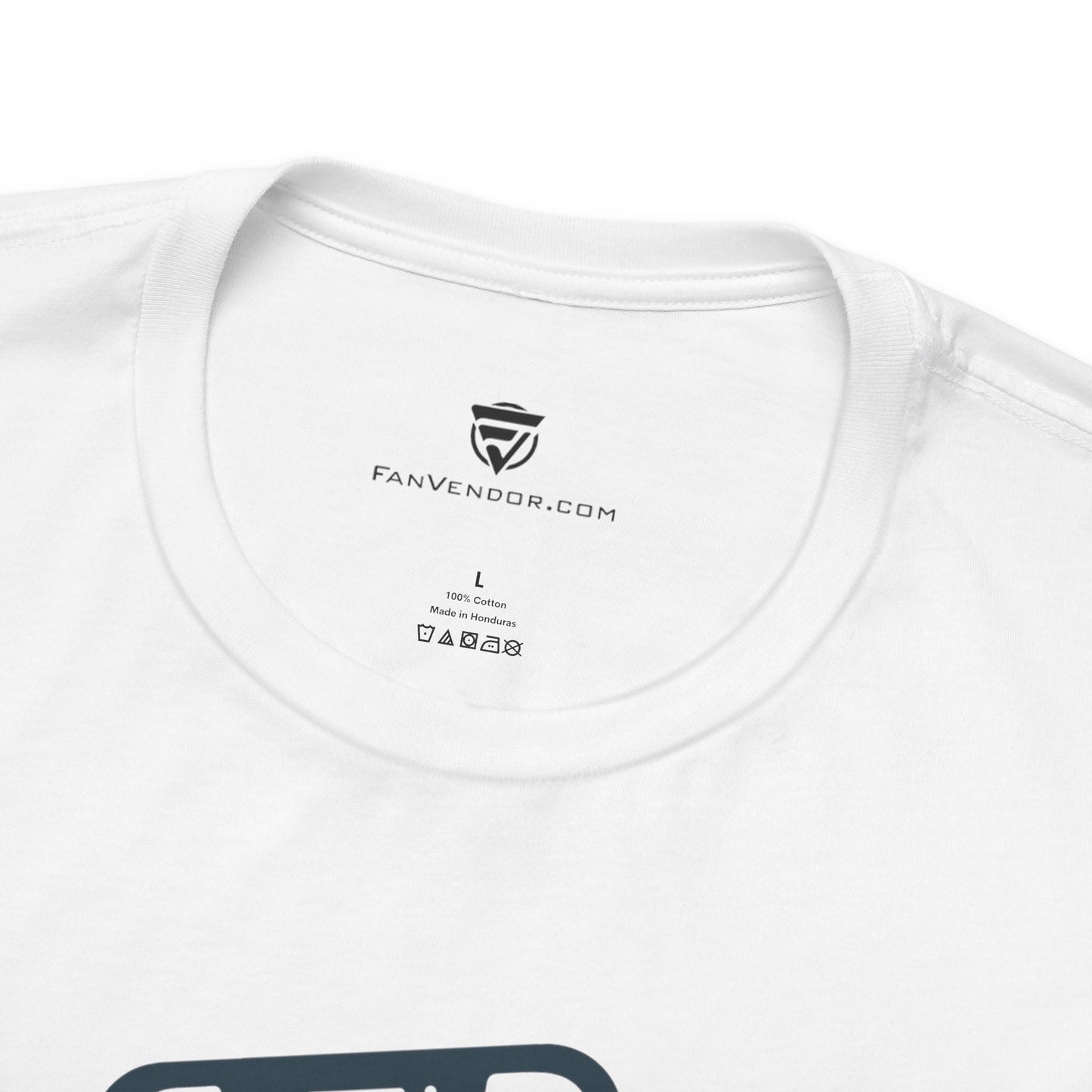 White t-shirt with 'Fanvendor.com' logo and text on a white background