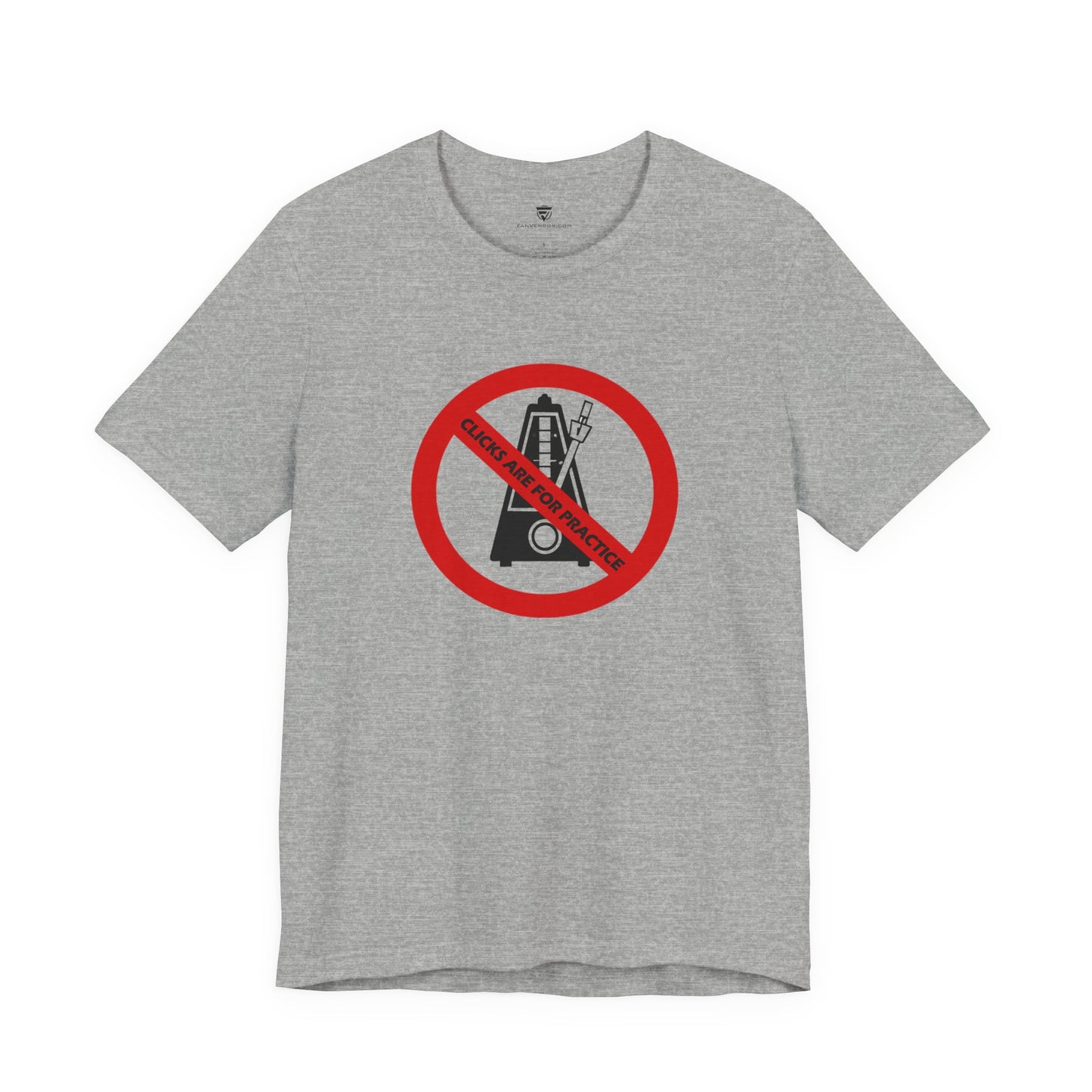 Gray t-shirt with a red and black graphic on a white background