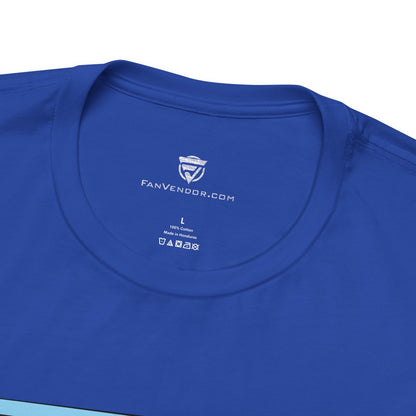 Blue t-shirt with 'Fanvendor.com' logo and text on a white background