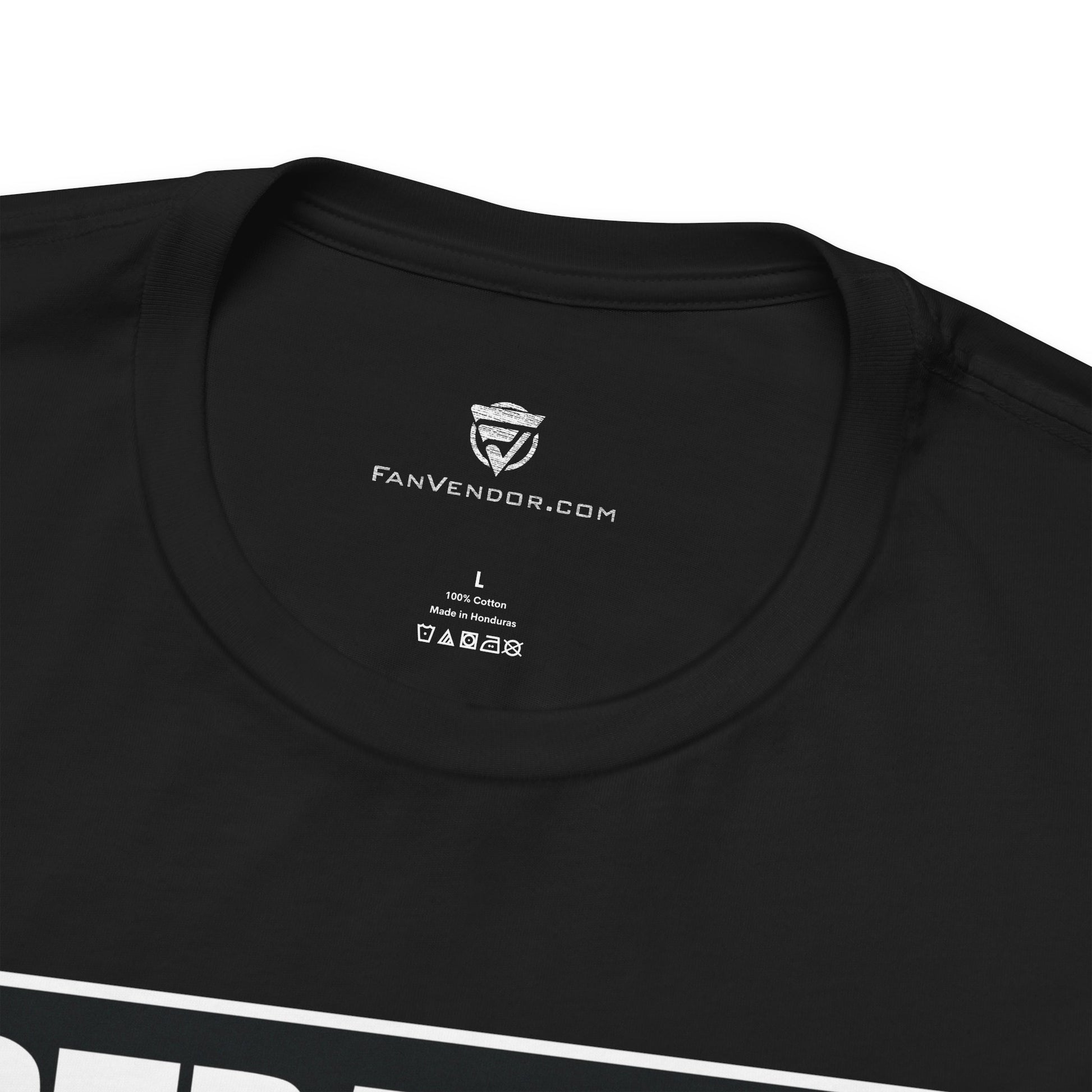 Black t-shirt with 'FanVendor.com' logo and text on a white background