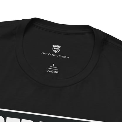 Black t-shirt with 'FanVendor.com' logo and text on a white background