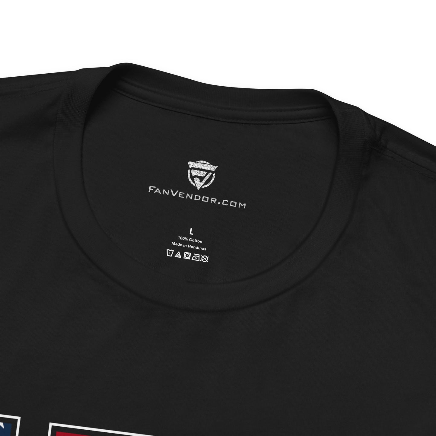 Black t-shirt with 'FanVendor.com' logo and text on a white background