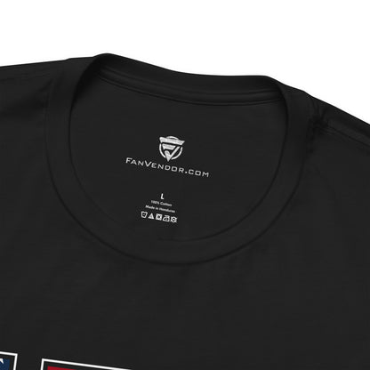 Black t-shirt with 'FanVendor.com' logo and text on a white background