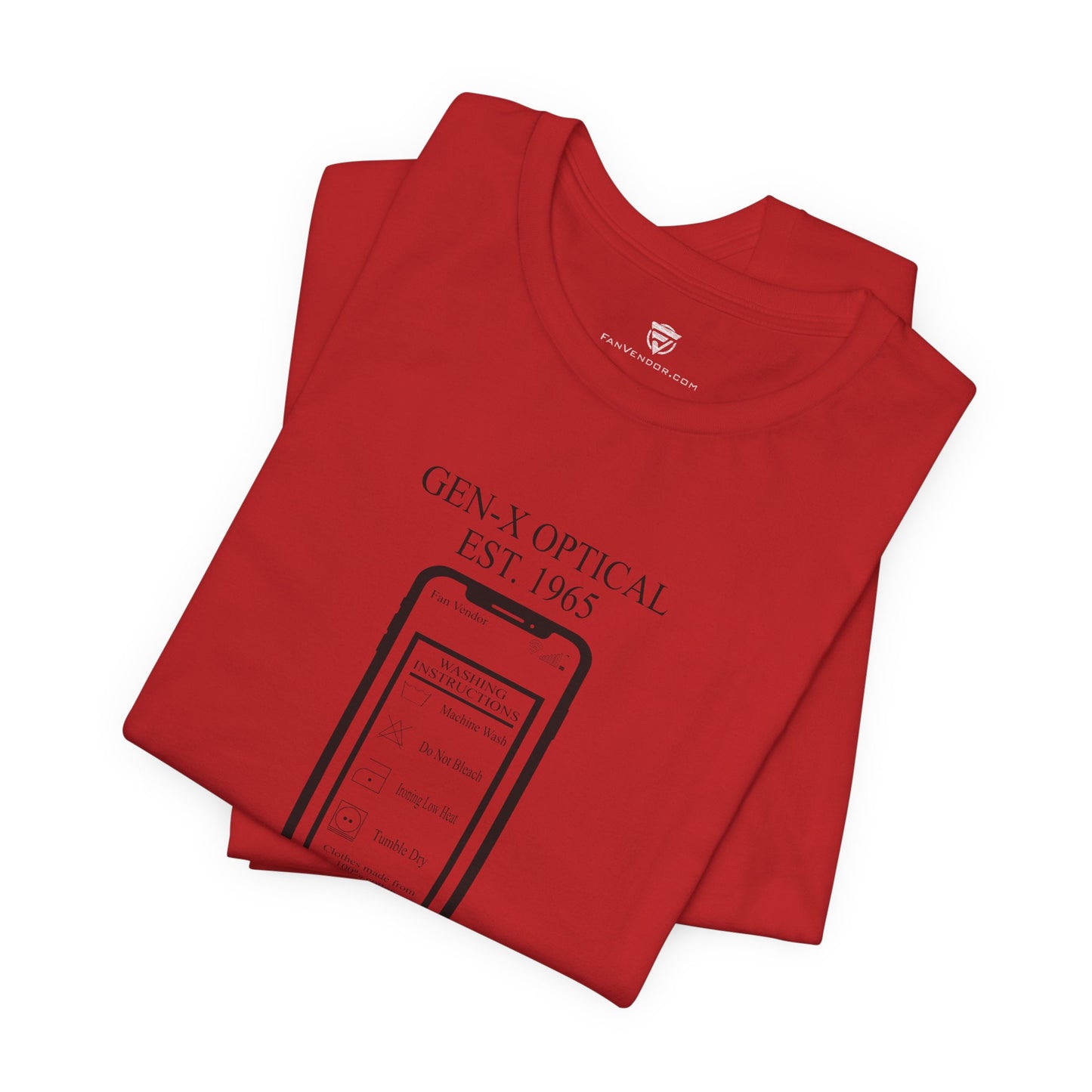 Folded red t-shirt with black text and design on a white background