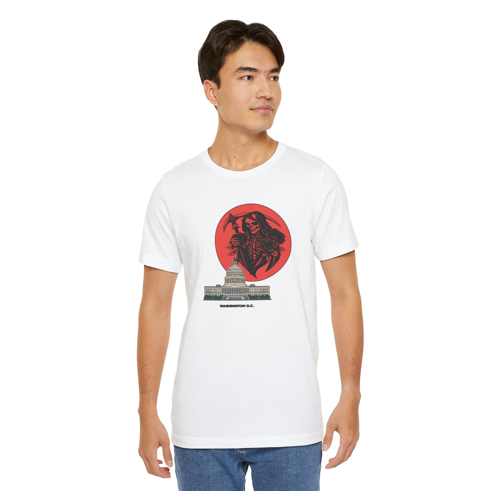 Man wearing a white t-shirt with a graphic design on a white background