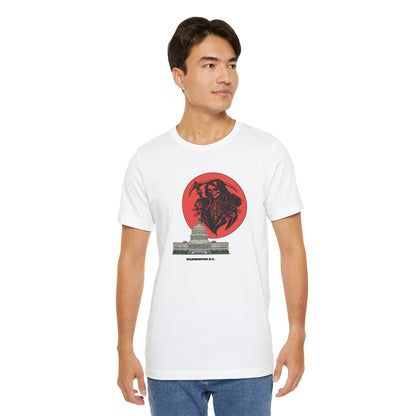 Man wearing a white t-shirt with a graphic design on a white background