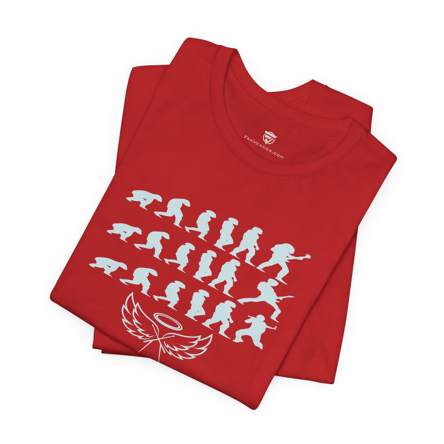 Red t-shirt with white graphic design on a white background