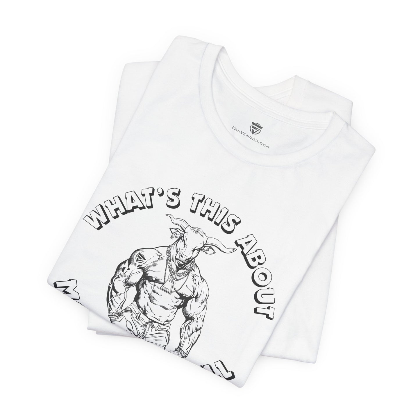 White t-shirt with black graphic design and text on a white background
