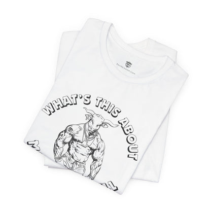 White t-shirt with black graphic design and text on a white background