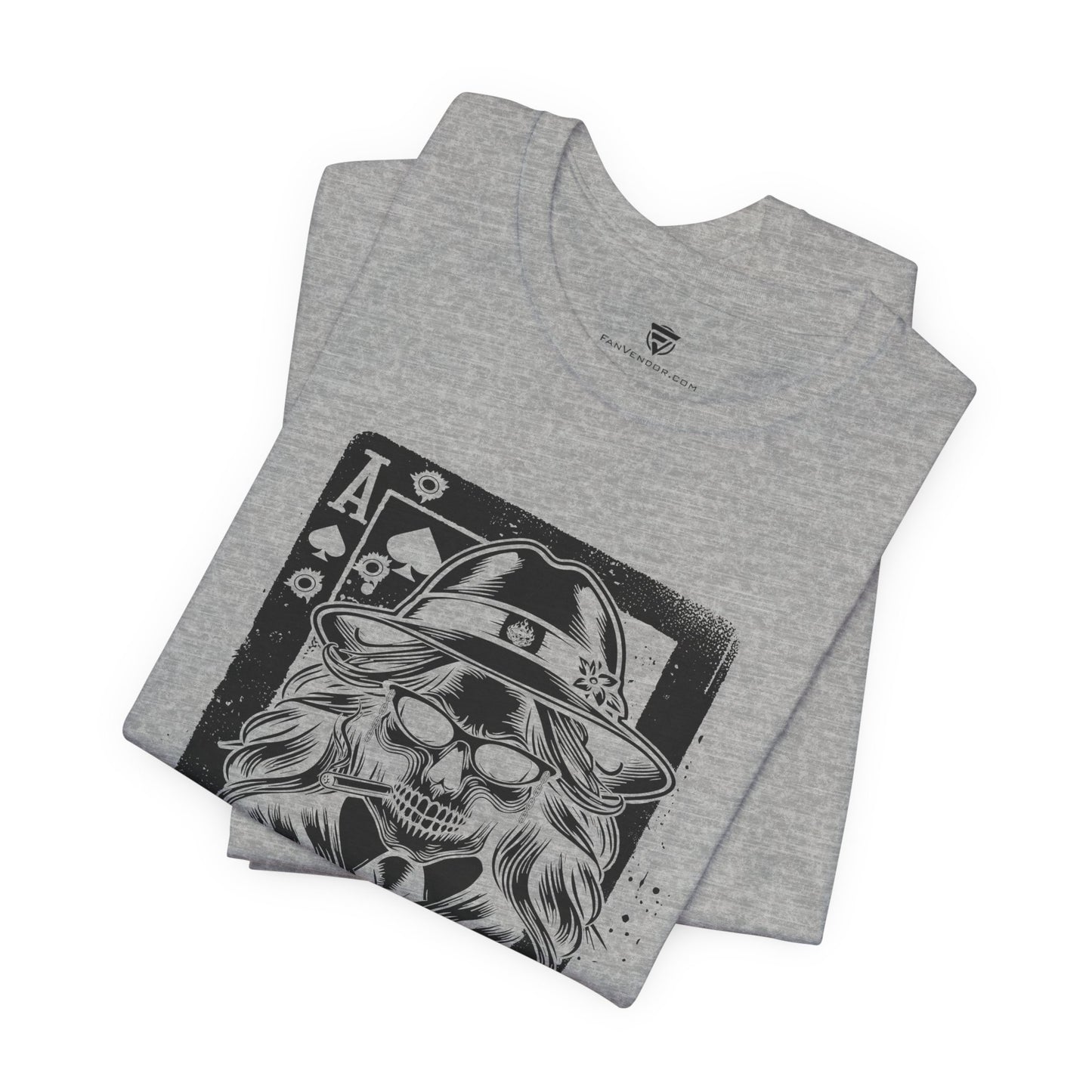 Gray t-shirt with a skull and hat design on a white background