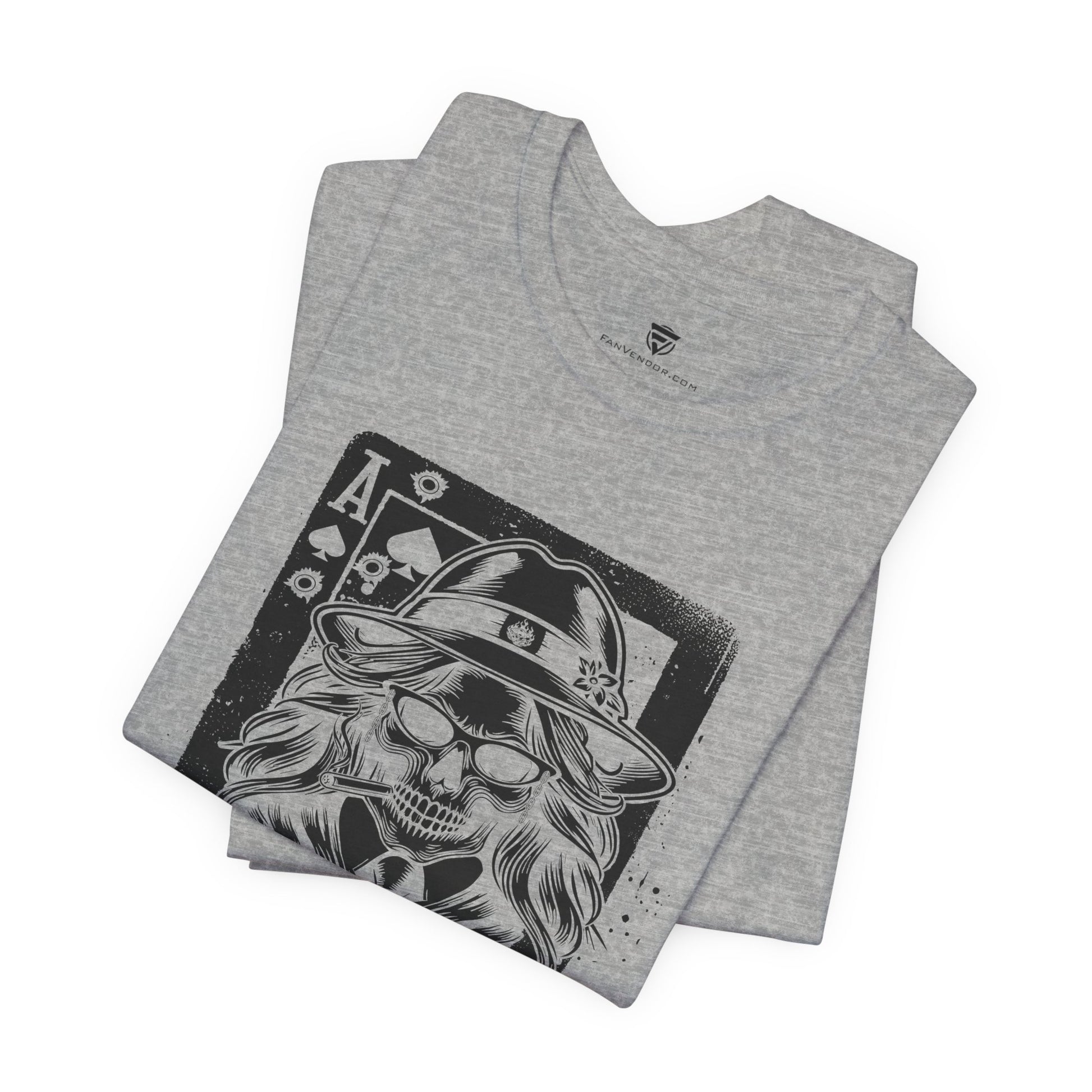 Gray t-shirt with a skull and hat design on a white background