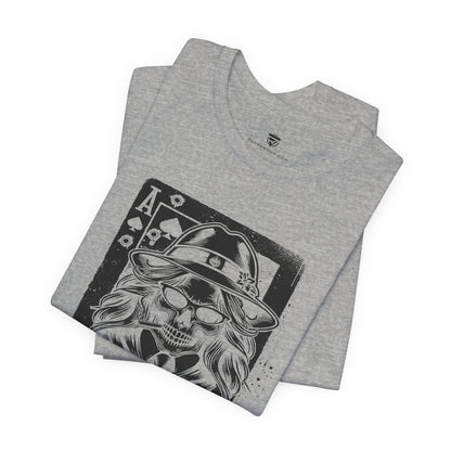 Gray t-shirt with a skull and hat design on a white background