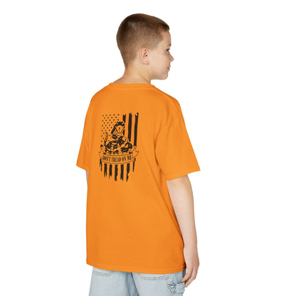 Orange t-shirt with black graphic design on a white background