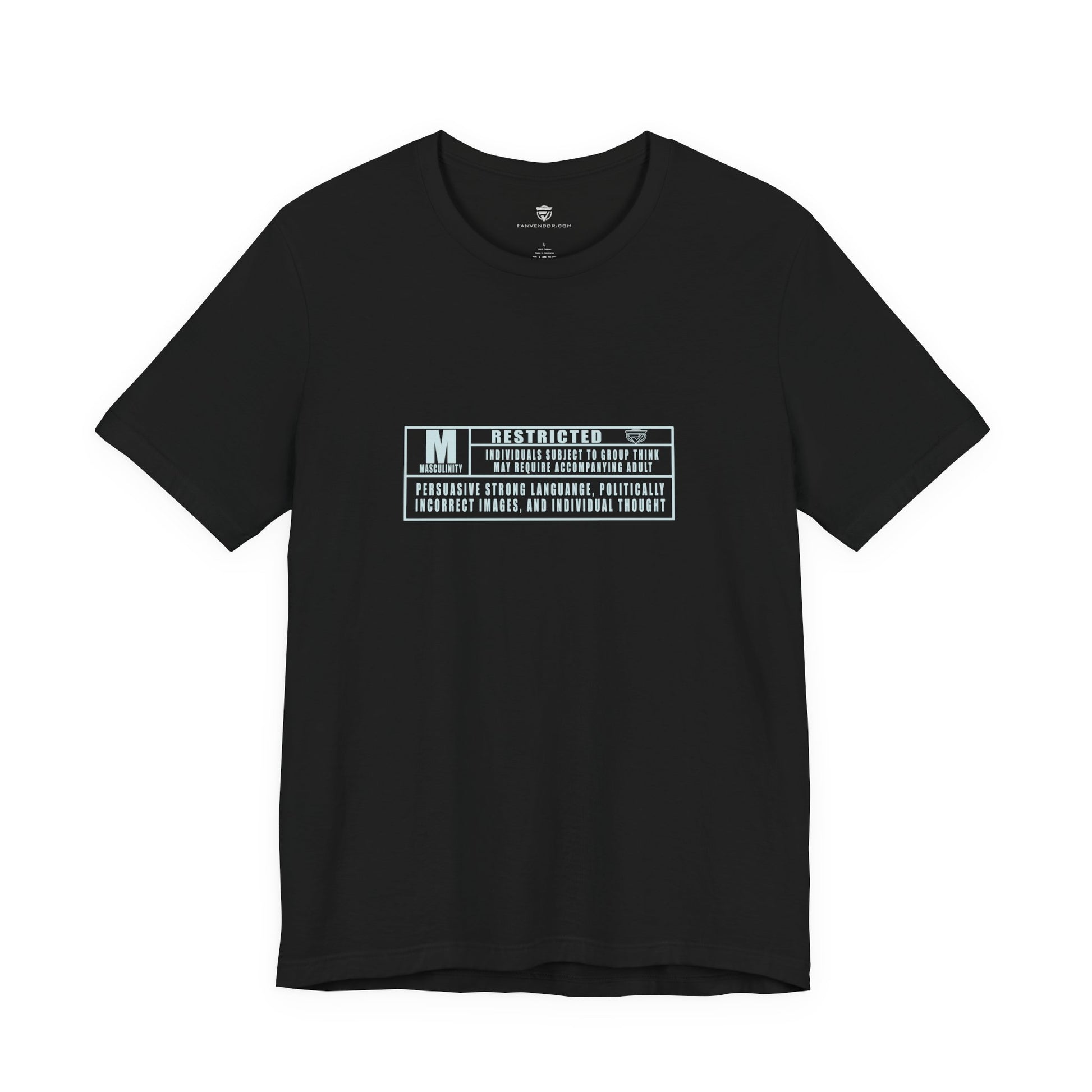 Black t-shirt with text and graphics on a white background