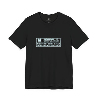 Black t-shirt with text and graphics on a white background