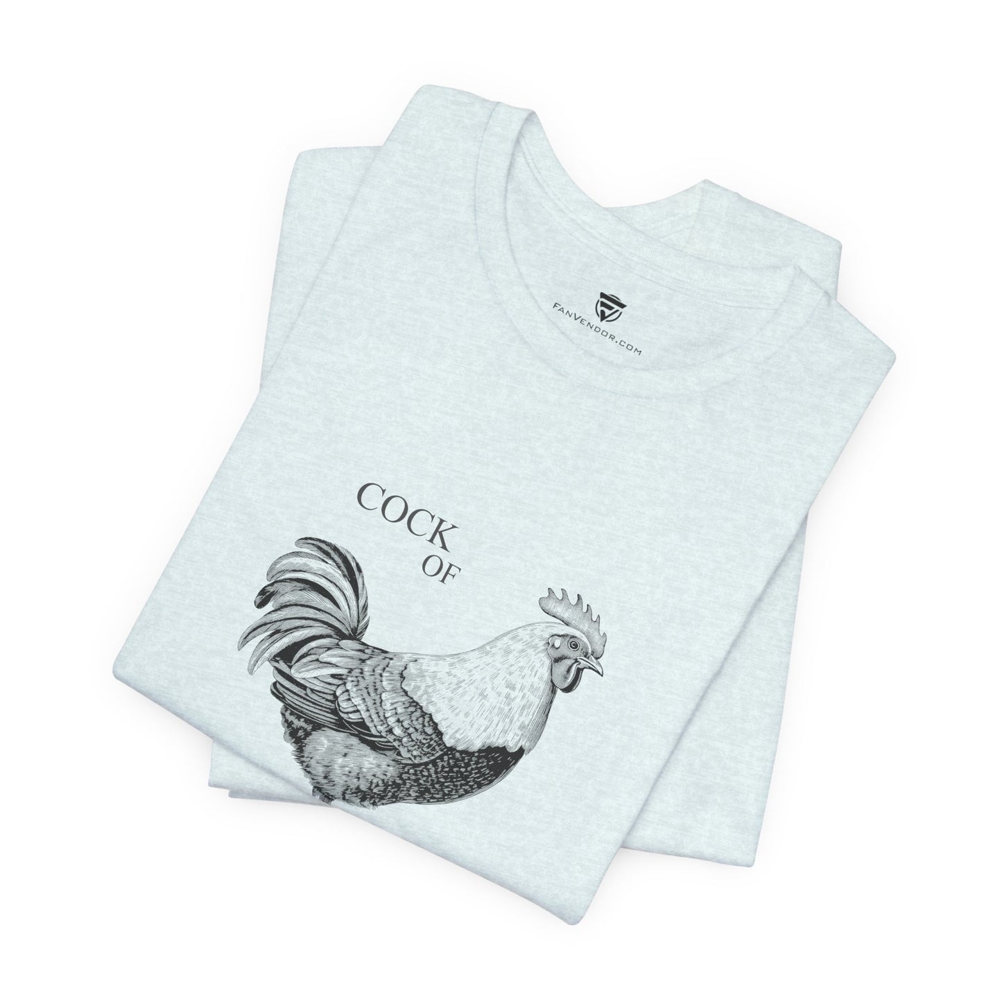 Folded t-shirt with a rooster design and text on a white background