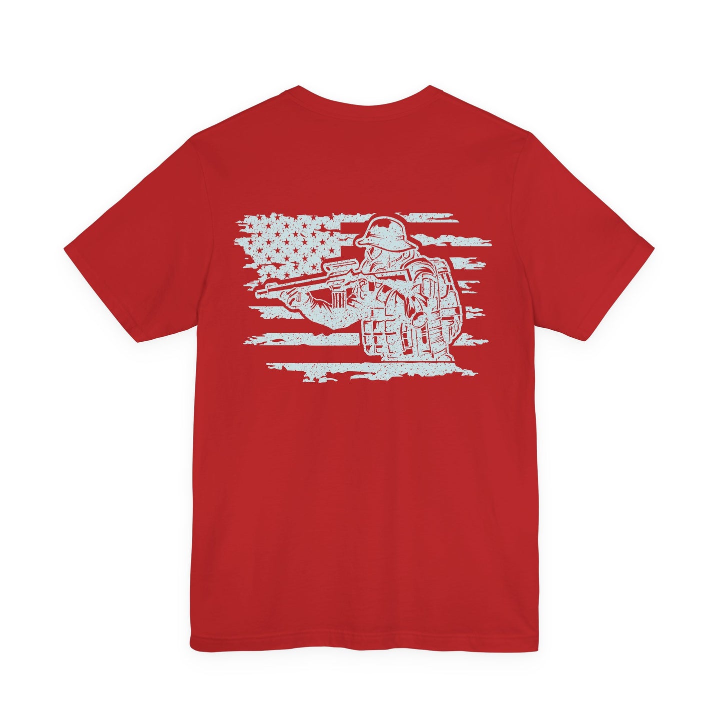 Red t-shirt with white graphic of a soldier holding a rifle on a white background